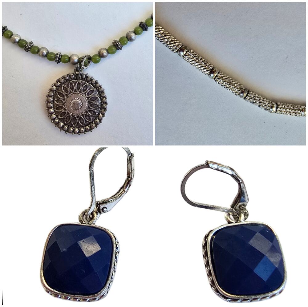 Napier Jewelry Lot 2 Necklaces 1 Pair Earrings Silver Blue Green Metal Beaded